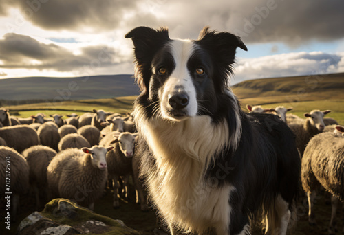 A black and white Scottish border collie dog is standing guard and shepherding flock of sheep 
