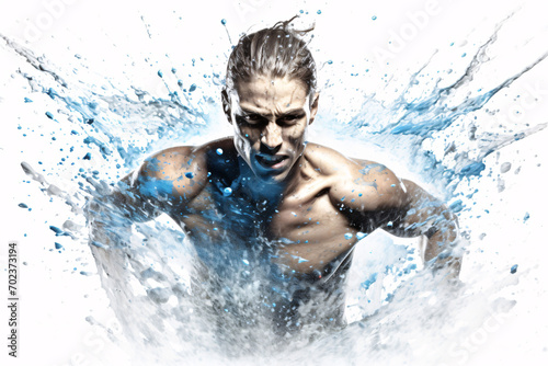An Caucasian athlete man on running pose with muscle body in white background with blue water splash on  © 1by1step