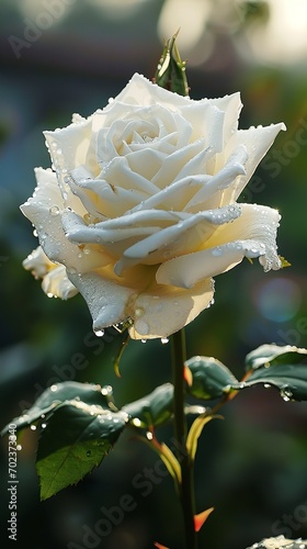 Romantic White Rose in Soft Rain: Valentine's Day Bloom - Made with Generative AI (Midjourney)
