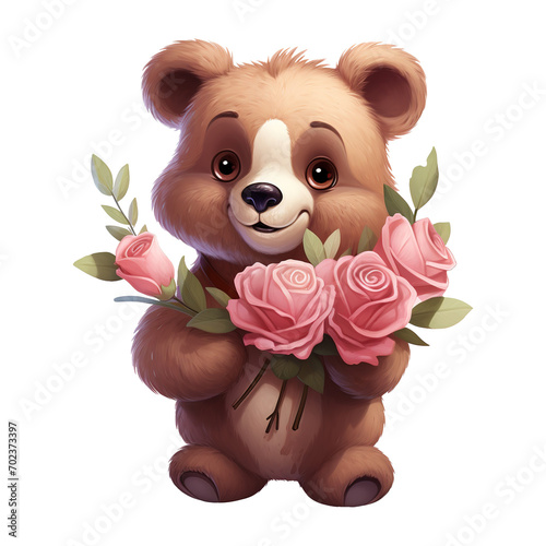 Teddy bear holding roses in paws. AI generated image