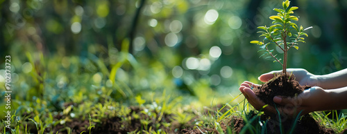 Environment Earth Day, female hands with tree seedlings, image with space for text. Created with Generative Ai technology.