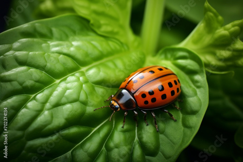Colorado potato beetle and red larva crawling and eating potato leaves