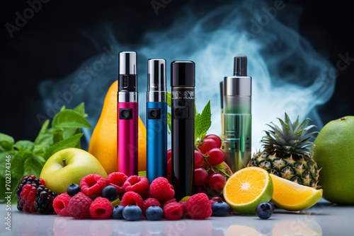 Colored E cigarettes for vaping and various fruits the symbol of the vape device E cigarette store for vaping nicotine