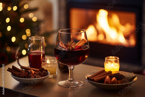 Glasses of red wine infused with cinnamon, cloves places on a floor near fireplace 