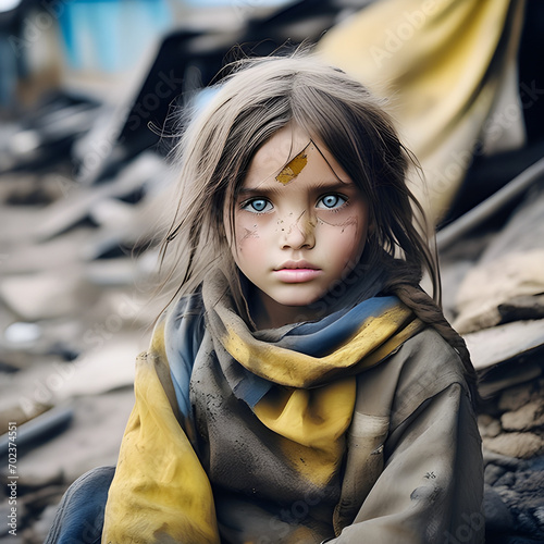 A little tired girl with big eyes and grimy, in soot face near the ruins of the house wrapped in the blue-yellow flag of Ukraine.