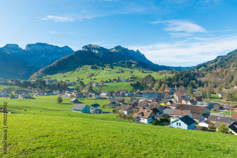 Village of Weissbad, Canton Appenzell - Innerrhoden, with Säntis Mountain, Switzerland