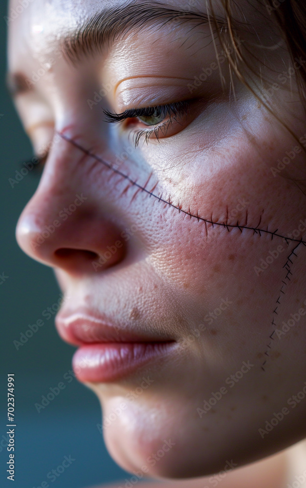 Close up on a scar on a woman's face Close up on a scar on a woman's face