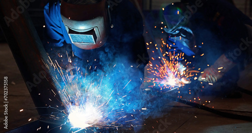 Welder at work in metal industry, welding metal construction. Close-up shot lots of sparks in the factory