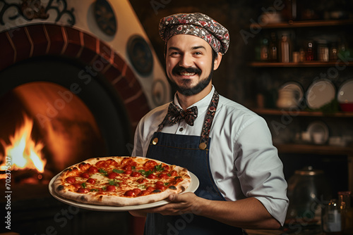 The cook is holding a fresh wood-fired pizza near the oven photo