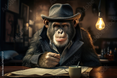 A mischievous monkey wearing a detective hat and inspecting a banana, illustrating the amusing world of primate detectives. Concept of monkey business. Generative Ai. photo
