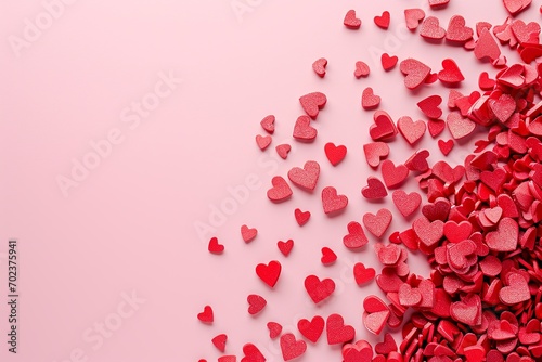 Red hearts on pink background with copy space. Valentines day poster or greeting card.