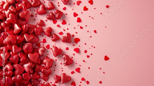 Red hearts on pink background with copy space. Valentines day poster or greeting card.   