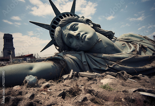 The collapsed Statue of Liberty, New York fallen down, apocalypse concept 