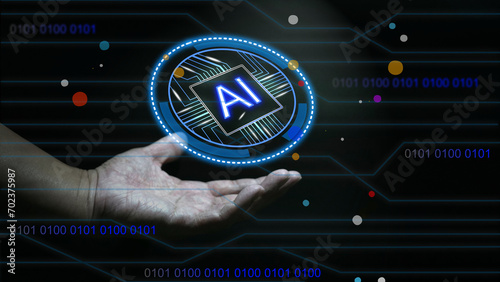 Artificial Intelligence AI Chat and New Information Technology. AI business learning. Ai technology, Generative AI in hand. Man using technology smart robot. Futuristic Infographic Transformation.