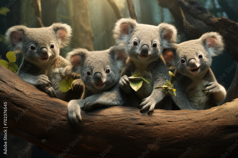 A group of koalas engaged in a friendly game of tree branch gymnastics, showcasing the entertaining side of marsupial athleticism. Concept of koala gymnasts. Generative Ai.