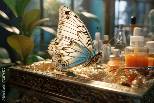 A butterfly attending a beauty salon for wing polishing and pampering, illustrating the whimsical world of insect self-care. Concept of butterfly spa day. Generative Ai. © Sebastian