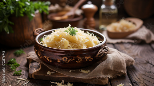 Un plat rempli de chou fermenté, cuisine d'un plat traditionnel alsacien, la choucroute garnie photo