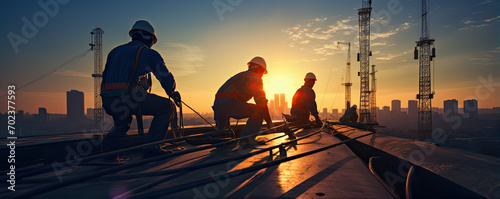 silhouette workers on construction site in evening sunny backround. photo