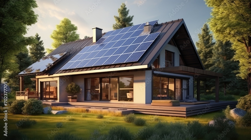 Eco-friendly modern house with solar panels on roof, surrounded by green trees and nature.