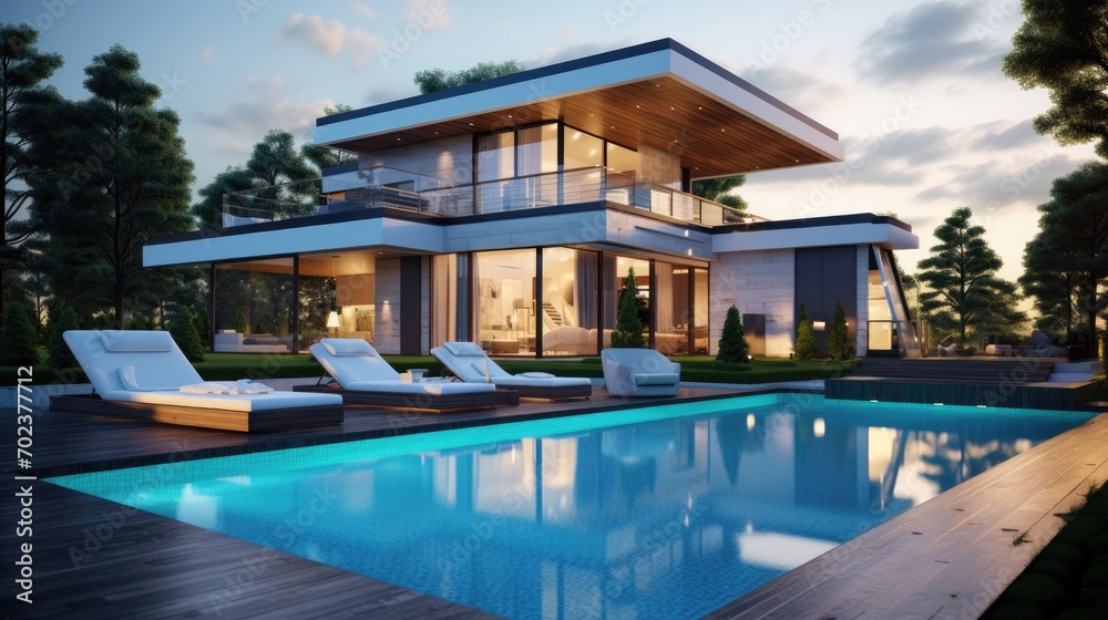 Naklejka premium Luxurious modern house with pool, lounge chairs, and tranquil natural surroundings.
