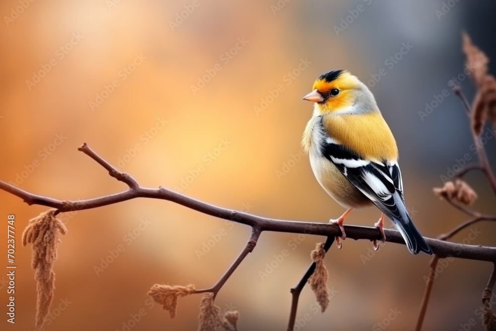 Naklejka premium Cute male of goldfinch lugano bird with yellow plumage sitting on thin leafless twig in forest