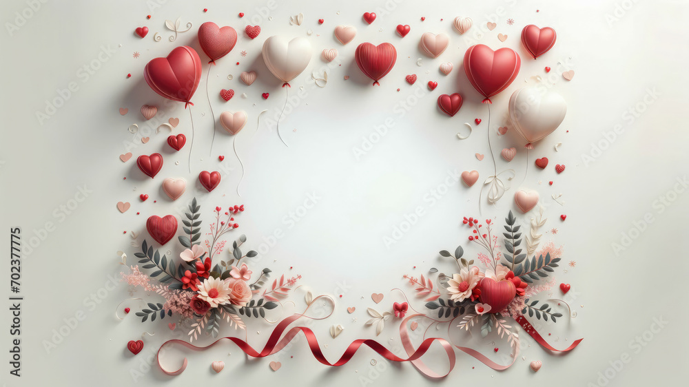 Romantic Valentine's Day themed image backgrounds with red and pink heart balloons, gifts, and flowers against a soft, light background with copy space. Romantic Valentine's Day themed image backgrounds with red and pink heart balloons, gifts, and flowers against a soft, light background with copy space.