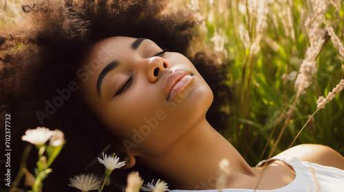 Peaceful portrait of a young African American woman lying on a grass field and smelling the aroma of a flower