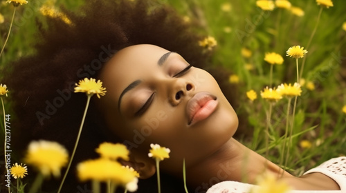 Peaceful portrait of a young African American woman lying on a grass field and smelling the aroma of a flower