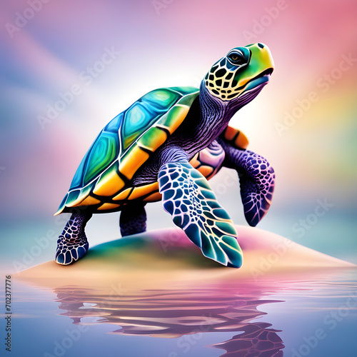 Colorful turtle on mini island cartoon