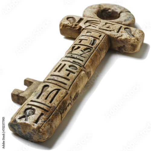 Aged cross key with Egyptian hieroglyphs on a white background