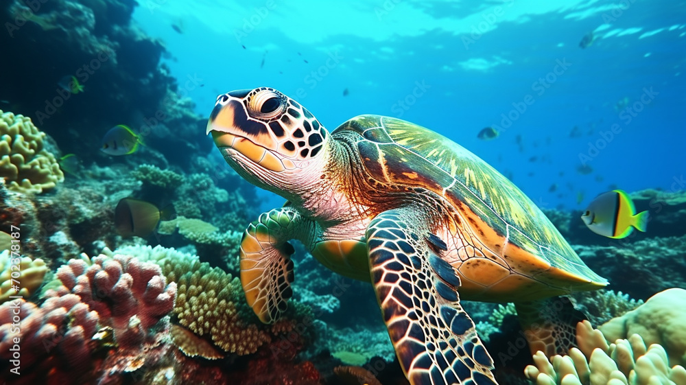 turtle with Colorful tropical fish and animal sea life in the coral reef - obrazy, fototapety, plakaty 