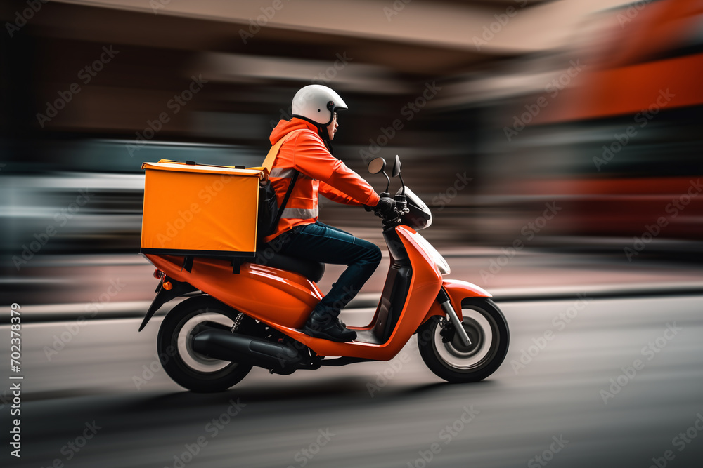 delivery man with orange rectangular backpack on moped, blurred background