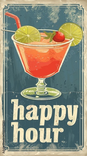 Vintage happy hour sign featuring a cocktail illustration.