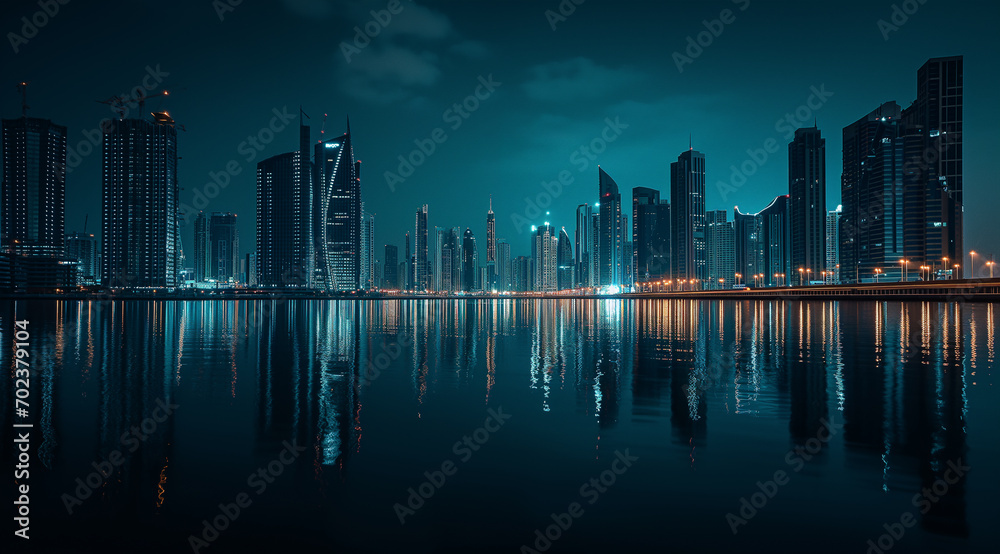 skyline of a city at night with lights
