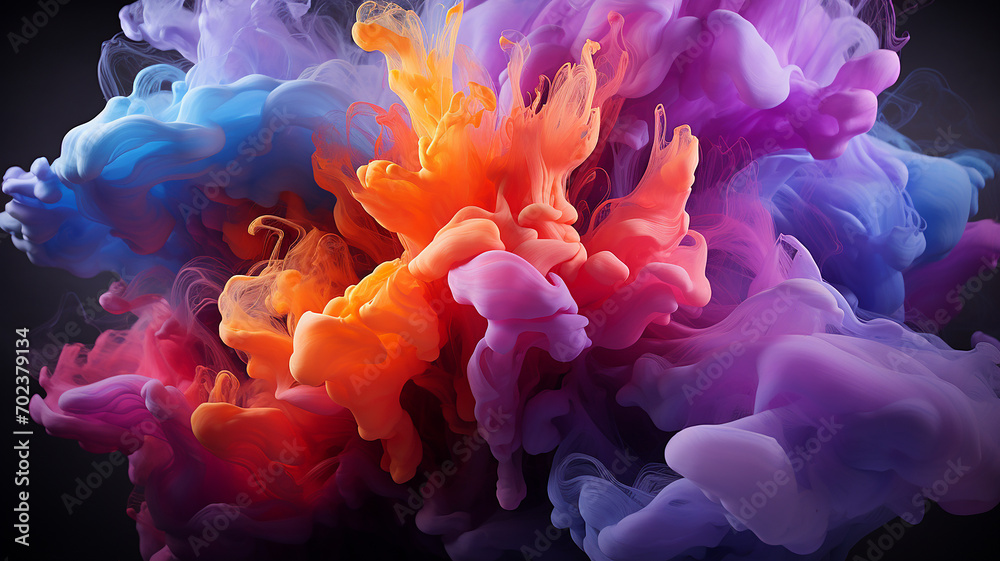Abstract ink explosion creates vibrant underwater fantasy with smooth curves