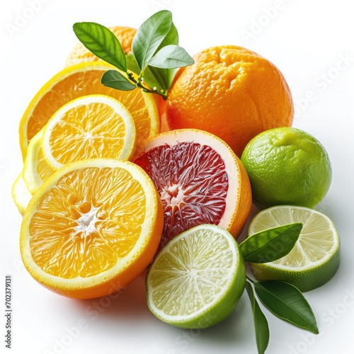 Freshly cut citrus fruits including orange, lemon, and grapefruit, isolated on white.