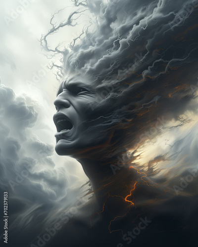 A surreal portrait of a man transforming into a whirlwind, emotional turmoil concept