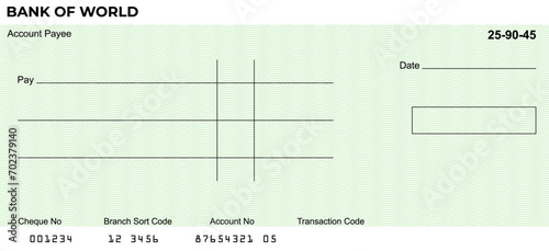 Vector of Blank Bank or Personal Check. Payment, Money, Cash, Currency, Cheque, Banknote
