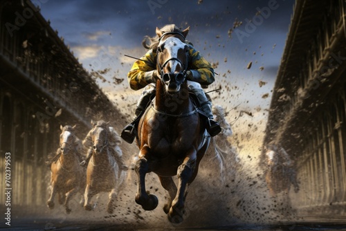 Close up of a jockey riding his horse in the horse race © Tarun