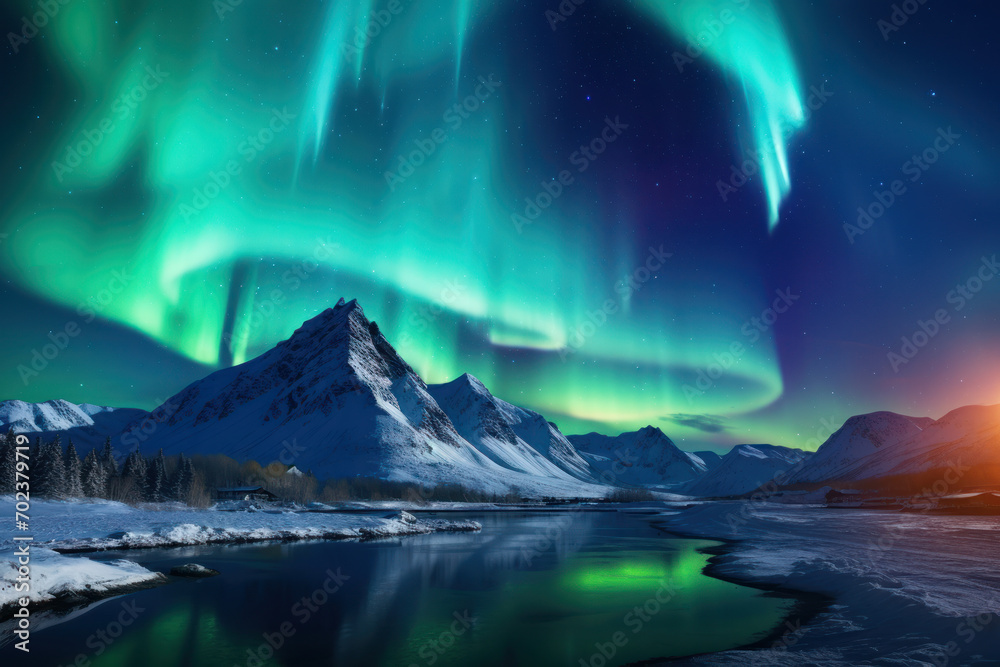 A breathtaking aurora borealis painting the night sky with vibrant colors, capturing the awe-inspiring wonder of celestial phenomena. Concept of northern lights. Generative Ai.