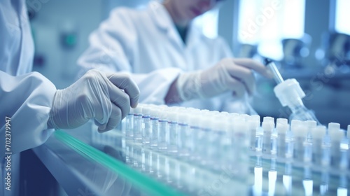 Female medical workers are checking vials in pharmaceutical factory