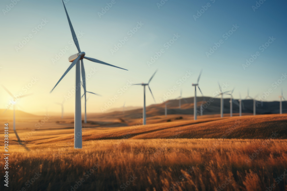 A group of wind turbines standing tall in a wind farm, portraying the clean and renewable energy solutions of modern times. Concept of wind energy. Generative Ai. A group of wind turbines standing tall in a wind farm, portraying the clean and renewable energy solutions of modern times. Concept of wind energy. Generative Ai.