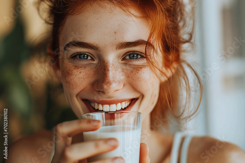 young woman drinking milk, soy or oat milk