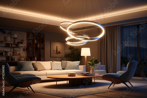 A luxurious living room with a chandelier and dim lighting