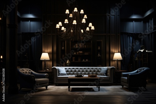 A living room with dim lighting and luxury furniture