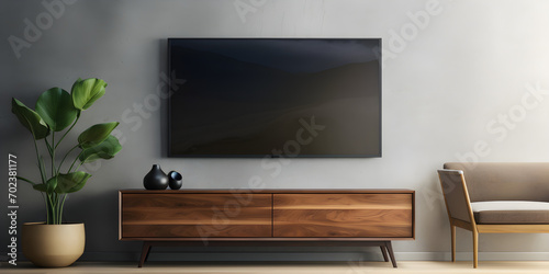 Cabinet TV in modern living room with decoration on wooden wall, Living Room Tv wall.