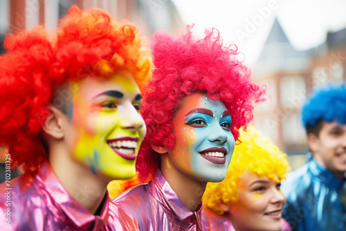 Group of young friends in carnival costumes with wigs and colorful face paint.