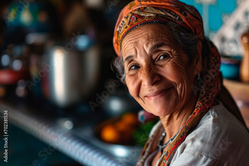 Smiles of Home: In a standard kitchen setting, a middle-aged Moroccan woman offers a genuine smile to the camera, portraying the authentic joy and comfort of her everyday life.




