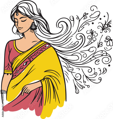 Indian woman in saree with beautiful hair line art vector