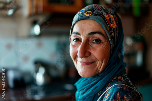 Smiles of Home: In a standard kitchen setting, a middle-aged Moroccan woman offers a genuine smile to the camera, portraying the authentic joy and comfort of her everyday life.